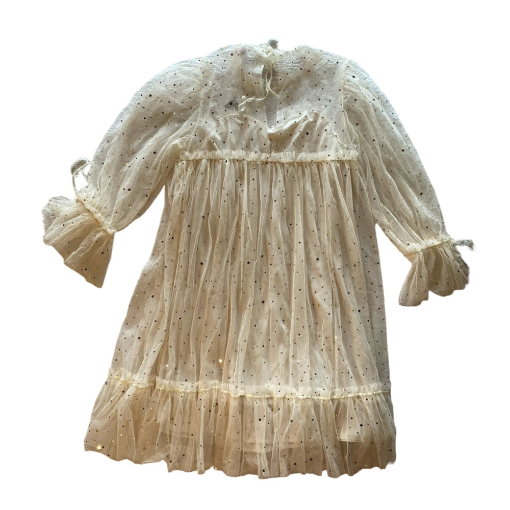 Stunning Whimsical Cream Gold Star Sheer Lined Long Sleeves Dress New Condition! - Picture 10 of 14